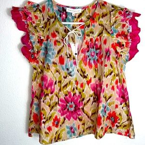 House of Harlow 1960 Blouse Ruffle Detail Tan & Multi Color Floral Size M NWT